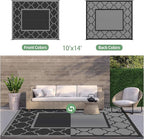 GENIMO 10 ' x 14 ' Outdoor Rug Waterproof for Patio Decor, Foldable Reversible Plastic Straw Area Rugs Mat for Camper, Outside Carpet for Rv, Deck, Porch, Picnic, Beach, Balcony, Black & Grey