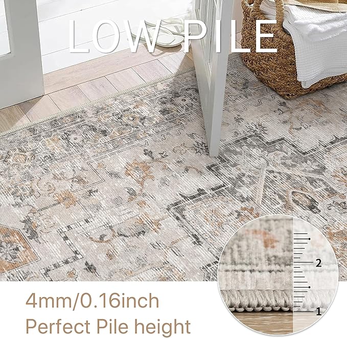 GENIMO 5FT Round Area Rugs for Living Room, Circle Rugs Machine Washable Low Pile, Chenille Non Slip Vintage Rug for Bedroom, Dining Room, Home Office, Light Taupe Brown