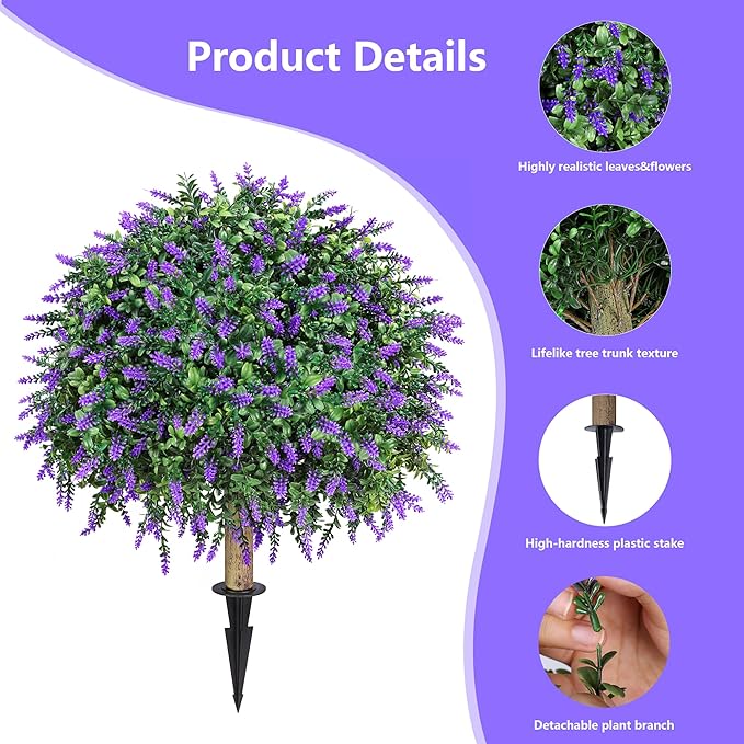 HyeFlora 2 Pack Artificial Topiary Boxwood Ball Trees with Lavender Fake Plants for Outdoor Indoor Artificial Shrubs with Ground Spike UV Resistant Fake Bushes for Front Porch Garden (Purple)