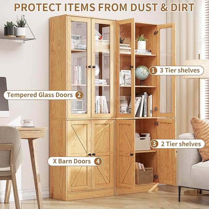 71" Tall Bookcases Set of 2, Bookshelves with Doors, 5-Shelf Bookcase with Storage, Wooden Bookshelf Floor Standing Display Storage Shelves Home Decor Furniture for Living Room,Bedroom,Natural