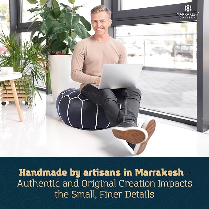 Marrakesh Gallery Genuine Leather Round Pouf Unstuffed - Moroccan Ottoman Footstool, Footrest Cover - Boho Decor - Bohemian Living Room, Bedroom, Kids Room, Gift & Wedding