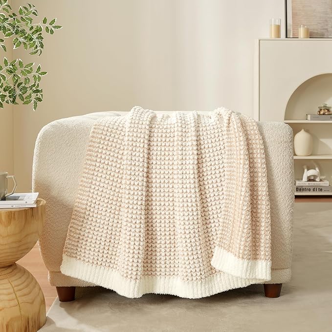 Snuggle Sac Cream Waffle Throw Blanket for Couch Bed Sofa 50x60 inches, Reversible Beige Blanket Microfiber Fluffy Fuzzy Cozy Knit Soft Throws for Women Mothers Birthday Gifts