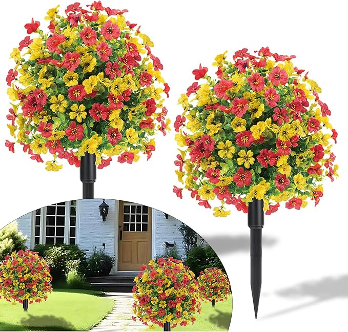 22.8" Set of 2 Fall Artificial Boxwood Topiary Ball with Spikes,UV Resistant Fake Outdoor shrubs with Violet Flowers, Realistic Faux Plants Bushes for Garden Front Porch Yard Patio Decor(Yellow+Red)