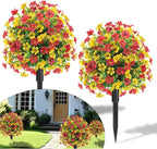 22.8" Set of 2 Fall Artificial Boxwood Topiary Ball with Spikes,UV Resistant Fake Outdoor shrubs with Violet Flowers, Realistic Faux Plants Bushes for Garden Front Porch Yard Patio Decor(Yellow+Red)