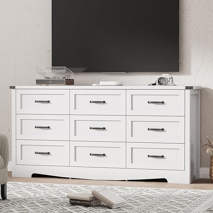 Dresser for Bedroom with 9 Drawers, 59" Wide Modern Chest of Drawers with Deep Drawers & Mental Handle, Wood Dresser TV Stand, Wooden Closet Storage Organizer for Living Room, Hallway, Entryway, White