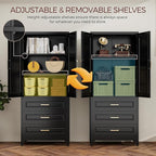 75" Kitchen Pantry Cabinet, Metal Storage Cabinets with Doors and Adjustable Shelves, Black Tall Pantry Cabinet with 3 Drawers for Dinning Living Room