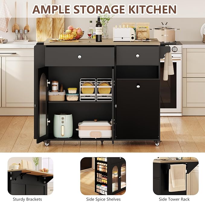 Kitchen Island with Drop Leaf & Power Outlet, Rolling Kitchen Island on Wheels with Trash Can Storage, Island Table Bar Cart with Spice Rack, Towel Rack, Drawers, Mobile Kitchen Carts on Wheels
