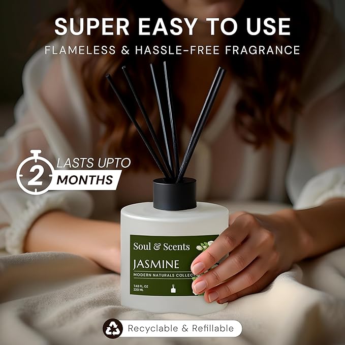 Soul & Scents Reed Diffuser Set – Jasmine | 7.43 oz Refillable Scented Oil with 6 Fiber Sticks | Long-Lasting Home Fragrance & Air Freshener for Bedroom, Bathroom, Office | Gift & Décor Piece
