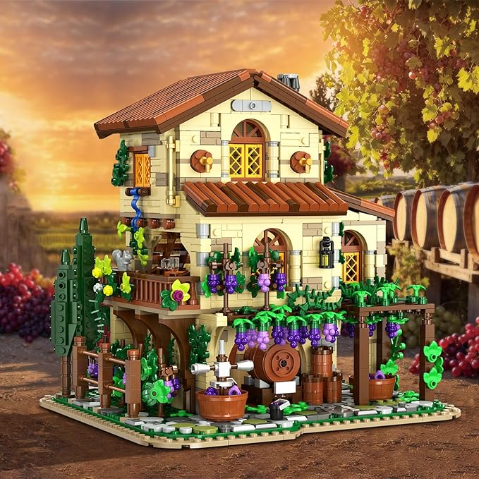 Winery Chateau House Building Set with Lights, Vineyard Castle Construction Model Home Decor, 1826 PCS Vine Estate Autumn Cabin Building Block Kit, Birthday Gift for Adults Teens Boys Girls