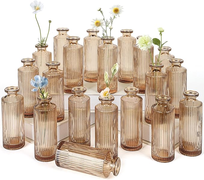 Glass Bud Vases Set of 20, Living Bud Vases, Small Bud Vase in Bulk, Mini Flowers Vases for Centerpiece, Vintage Decorative Vase Set for Table Decorations, Wedding Reception, Home Decor (Amber)