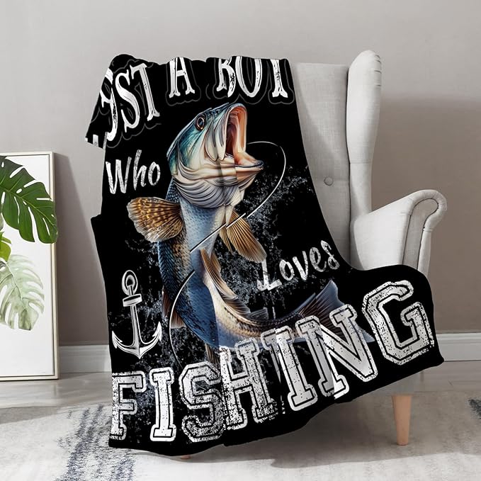 Aimego Fishing Fish Blanket Gifts for Fisherman - Just A Boy Who Loves Fishing Throw for Dad Men Women Adults Soft Fleece Cozy Bed Couch Decor Birthday Christmas Lightweight Blanket 50"x60"