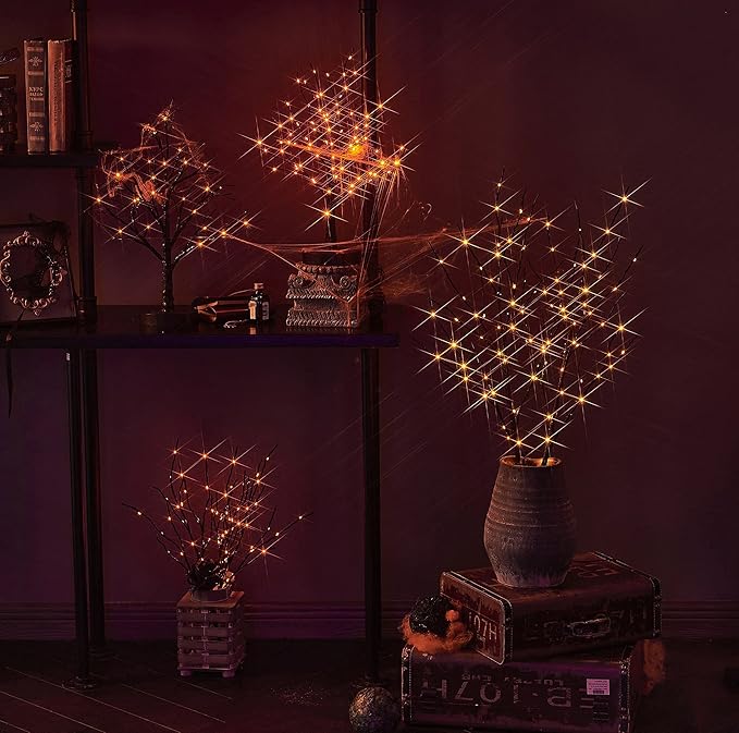 LITBLOOM Lighted Spooky Halloween Tree with Timer Battery Operated or USB Plug in, Pre-lit Black Glittered Tabletop Tree with Orange Lights 24L 18IN for Halloween Home Party Decoration Indoor