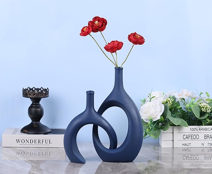 Blue Ceramic Vase Set of 2 - Modern Navy Blue Vase for Dining Table Centerpieces, Farmhouse and Home Decor, Office Partitions, Mantelpiece, Entrance Decoration