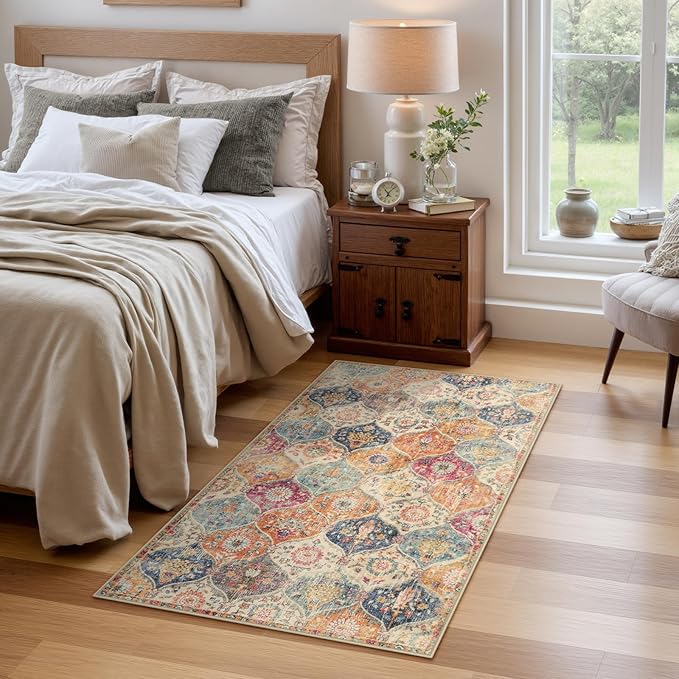 Lahome Kitchen Rugs Non Slip Washable Rugs for Entryway, 2x4 Rug Non-Slip Moroccan Trellis Ultra-Thin Indoor Door Mat Small Carpet for Bathroom Bedroom Entry, Cream/Multi