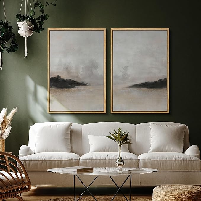 SIGNFORD Framed Canvas Print Wall Art Set Misty Horizon Soft Neutral Toned Landscape Illustration Modern Art Decorative Nordic Nature for Living Room, Bedroom, Office - 24"x36"x2 Natural