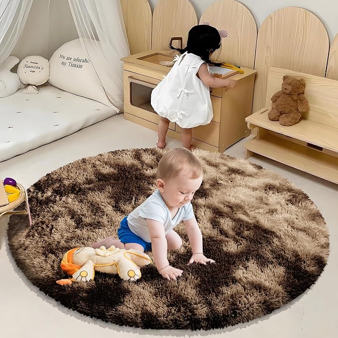 Tie-Dyed Coffee Fluffy Round Rug,Soft Area Rugs for Girls Room,Shaggy Rugs 3'X3' for Living Room,Non Slip Circle Rug for Kids Bedroom,Shag Plush Nursery Carpets,Fuzzy Rug for Dorm,Room Decor Carpet