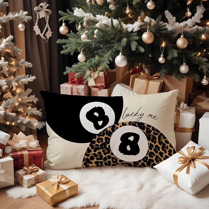 Coquette Pink Bow Leopard Print Lips Lucky 8 Ball Throw Pillow Covers 20x12, Cheetah Print Room Decor, Funky Y2K Leopard Decorative Pillow Covers for Girls Room Dorm Apartment Home