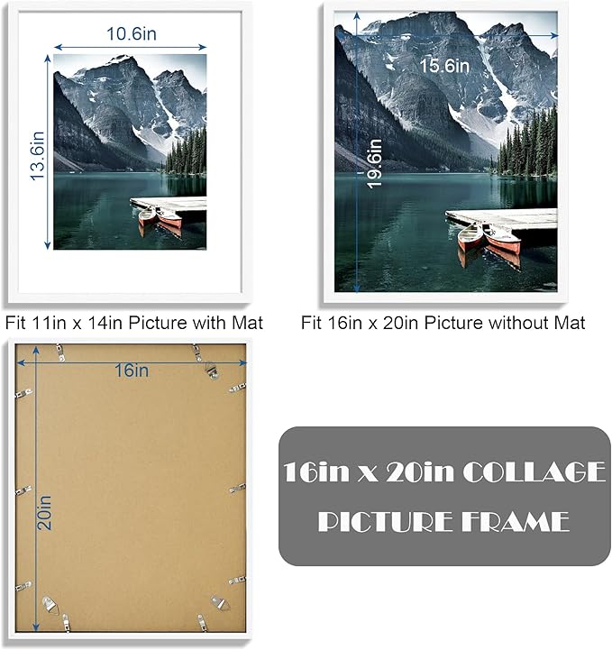 16x20 Frames Set of 3 - Display 11x14 Photo with Mat or 16 x 20 Poster without Mat, Wall Mounting Horizontal and Vertical, White