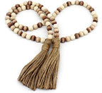 CVHOMEDECO. Wood Beads Garland with Tassels Farmhouse Rustic Wooden Prayer Bead String Wall Hanging Accent for Home Festival Decor. Mix Distressed