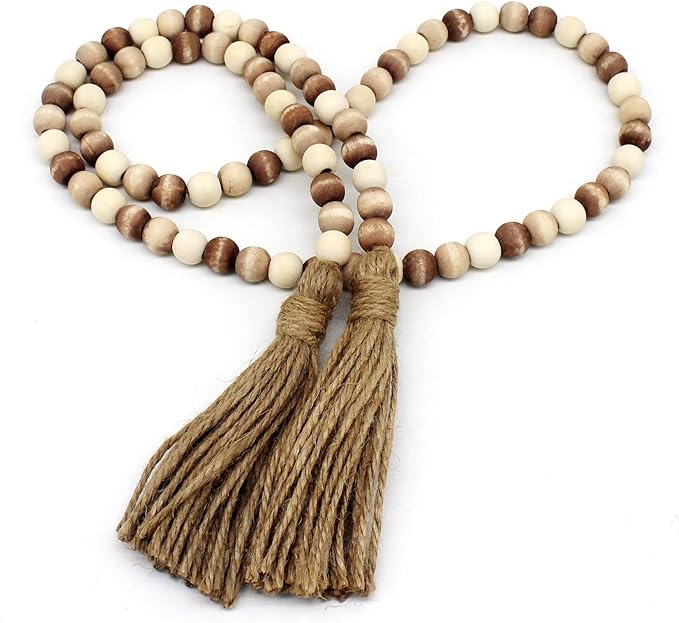 CVHOMEDECO. Wood Beads Garland with Tassels Farmhouse Rustic Wooden Prayer Bead String Wall Hanging Accent for Home Festival Decor. Mix Distressed