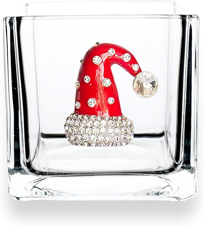 The Queens' Jewels Christmas Hat Jeweled 4x4 Candleholder Vase - Unique Gift for Women, Birthday, Cute, Fun, Holiday, Not Painted, Decorated, Bling, Bedazzled, Rhinestone