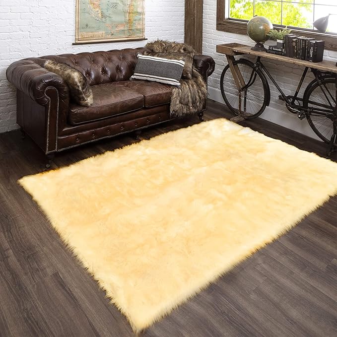 Latepis Rug for Living Room 6x8 Yellow Faux Fur Fluffy Rug Sheepskin Furry Rugs for Bedroom Shaggy Plush Rugs Home Décor, Rectangle