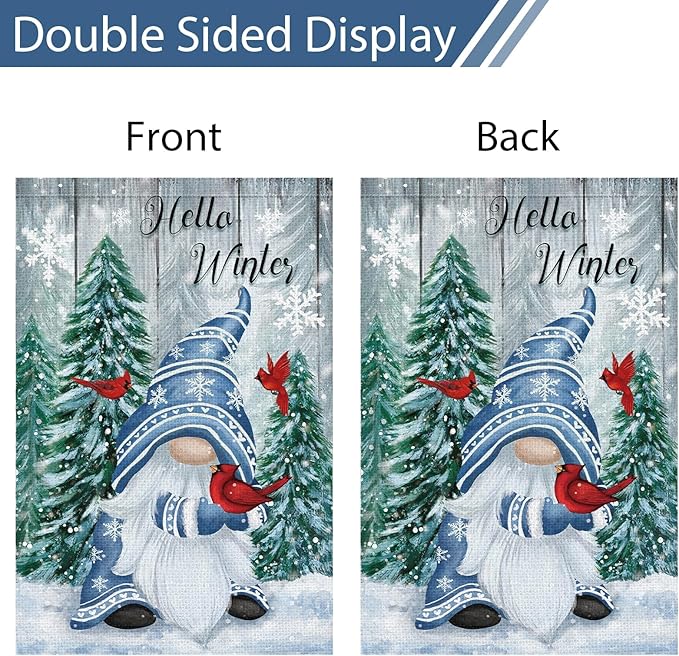 Heyfibro Hello Winter Gnome Garden Flag 28x40 Double Sided Burlap Cardinals Snowflakes Snow Yard Banner for Christmas Seasonal Outside Outdoor House Decoration (ONLY FLAG)