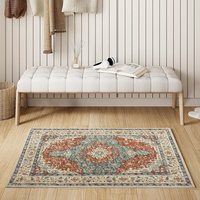 Topllen Entryway Rug - 2'x3' Boho Soft Low Pile Washable Area Rug, Non-Slip Small Rugs Indoor for Front Door Entrance Kitchen Bathroom, Vintage Carpet Stain Resistance (Rust, 2x3ft)