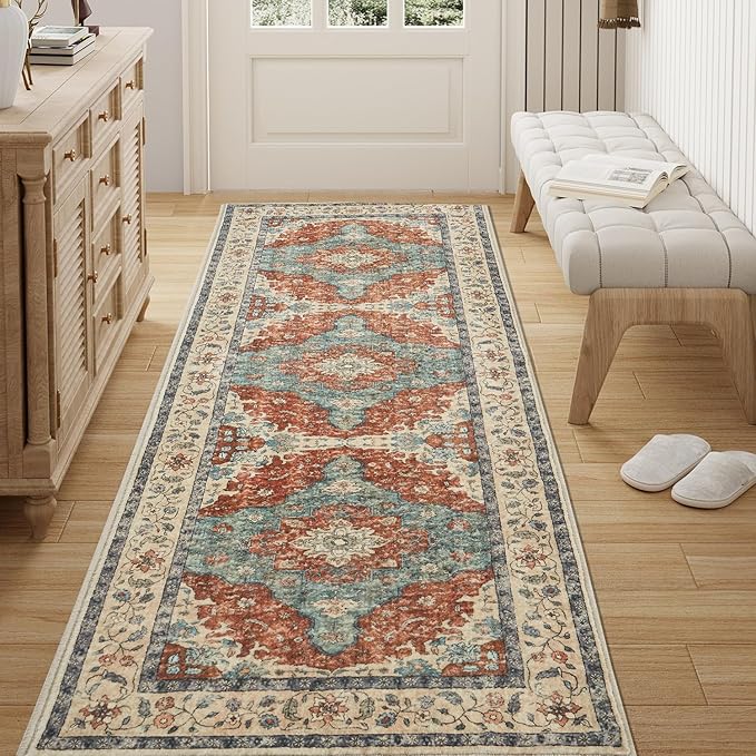 Topllen Runner Rug - 2'x6' Boho Washable Kitchen Rug, Non-Slip Soft Low Pile Rugs Indoor for Entrance Living Room Bedroom Bathroom,Vintage Throw Hallway Carpet Stain Resistance (Rust, 2x6ft)