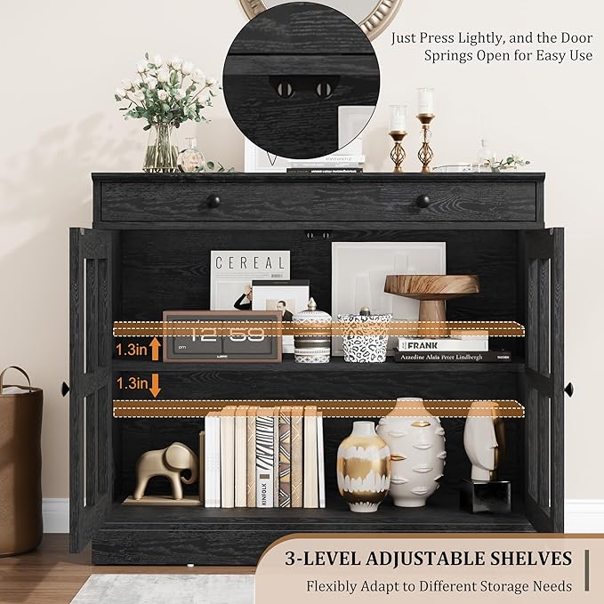 GarveeHome 35.4 in Sideboard Buffet Cabinets with Glass Door, Buffet Cabinet with Storage, Black Sideboard Cabinet with Drawer, Modern Buffets & Sideboards for Dining Room, Kitchen