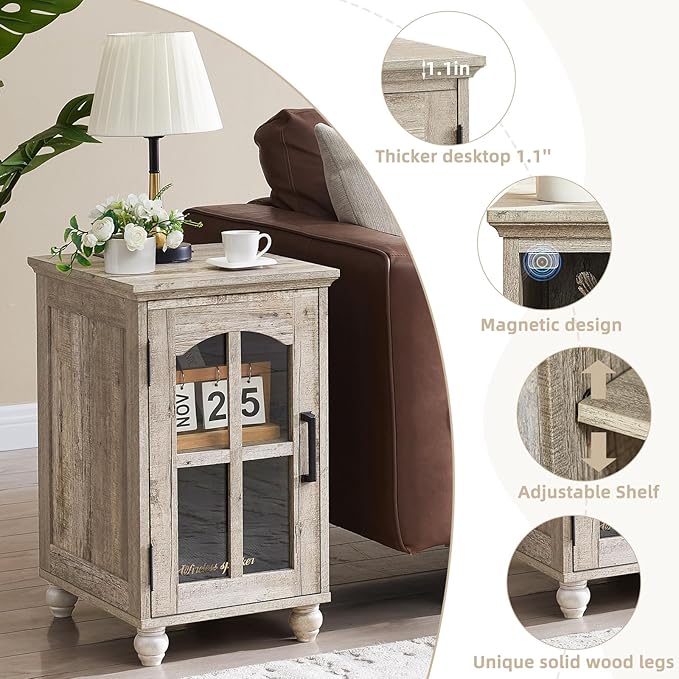 Farmhouse End Table Set of 2 with Charging Station, 18'' Narrow Side Table and 24" Large Sofa Table with Glass Barn Door Storage, Wood Night Stand Bedside Cabinet for Living Room,Bedroom