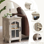 Farmhouse End Table Set of 2 with Charging Station, 18'' Narrow Side Table and 24" Large Sofa Table with Glass Barn Door Storage, Wood Night Stand Bedside Cabinet for Living Room,Bedroom