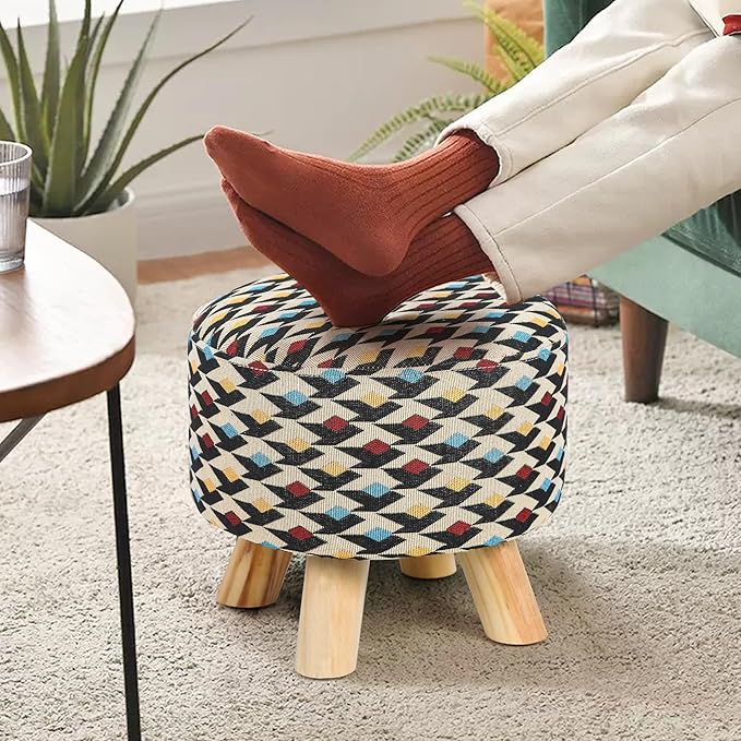 Asense Small Round Ottoman Foot Rest Stool Fabric Padded Seat Footstool Ottoman with Anti-Slip Wooden Legs (Multi-Color,Fabric)