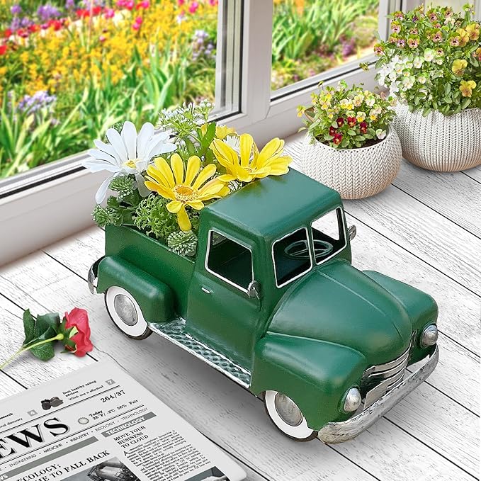 Farmhouse Green Truck Decor, Metal Pickup Truck Planter, Truck Decor, Vintage Truck Decor Desktop Storage Decor Model for Home Indoor and Outdoor Table Center Decor