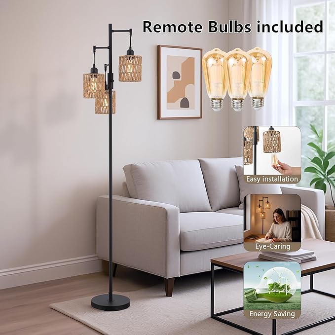 Rattan Floor Lamp for Living Room with 3 Lights,Boho Standing Lamps with Rattan Shades, Rustic Black Vintage Standing Light 70" Tall Tree for Office, Reading, Corner, Blub Included
