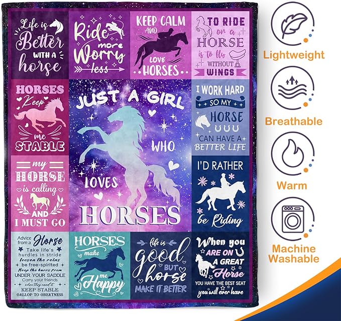 Horse Blanket Gift for Women Girls Kids Teens Horse Lover Gifts Just A Girl Who Loves Horses Themed Western Soft Cozy Bed Couch Plush Birthday Christmas Throw Blanket 50"x60"