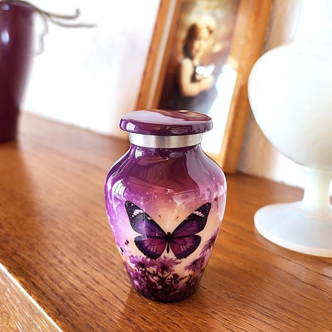 Olivia Memorials Small Urns for Human Ashes Adult Female - Set of 4 Purple Butterfly Urns Keepsakes - Mini Cremation Urn for Mom Dad Baby Pet Dog