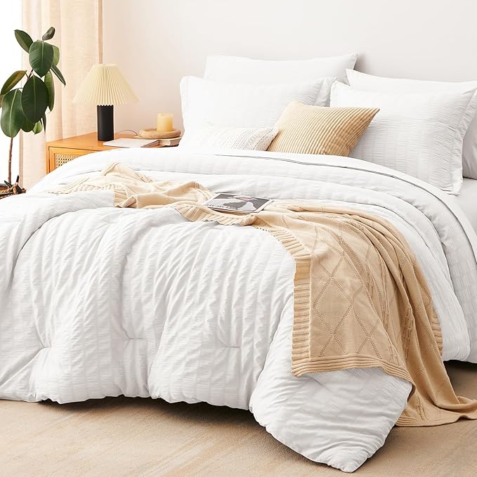 CozyLux Oversized Queen Comforter Set White Seersucker 7 Pieces Bed in a Bag Queen Comforter Set with Sheets, Luxury Soft Bedding Set with Down Alternative Comforter, Sheets, Pillowcases & Shams