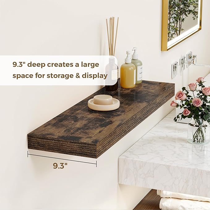 36 Inches Floating Shelves for Wall, 9.3" Deep Long Floating Shelves Set of 2, Large Display & Storage Shelf, Wall Shelf for Bathroom Bedroom Living Room Kitchen Office, Rustic Brown