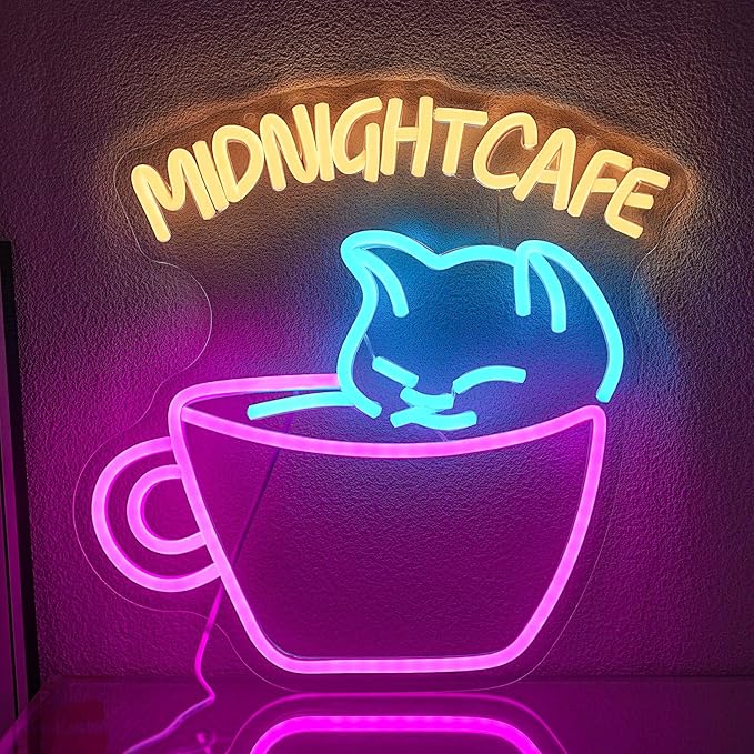 Midnight Cafe Neon Sign for Wall Decor Cat Neon Light Coffee Led Neon Signs Colorful LED Neon Light for Coffee Shop Dessert Shop Bakery Cafe Dcoration