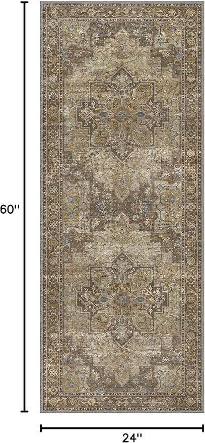 GENIMO 2x5 Runner Rugs for Hallway, Machine Washable Non Slip Vintage Retro Rugs, Low Pile Lightweight Soft Print Rug for enrtyway, Corridor, Home Office, Kitchen, Rustic Brown