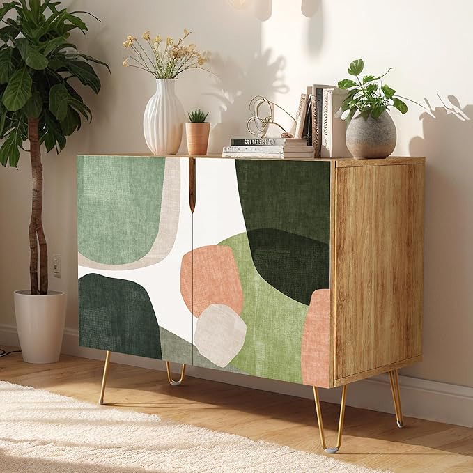SIGNWIN Sideboard Buffet Cabinet, Kitchen Storage Cabinet with 2 Doors, Mid-Century Pastel Polygons Geometry Nordic Boho, Cupboard Console Table for Dining Room - 35" L x 18" W x 29" H