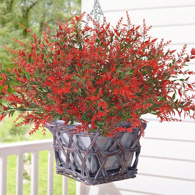 Krissing 80 Bundles Outdoor Lavender Flowers UV Resistant Artificial Flowers for Outdoor Fake Lavender Plastic Purple Plants for Outside Garden Patio Planters Window Box Porch Summer Decor (Red)