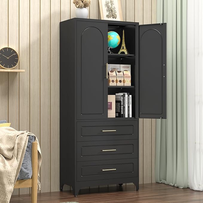 Kitchen Pantry Cabinet, 75" Tall Pantry Cabinet with Three Drawers, Freestanding Food Cupboard with Doors and Shelves, Metal Storage Cabinets for Dining, Living Room, Black, Assembly Required