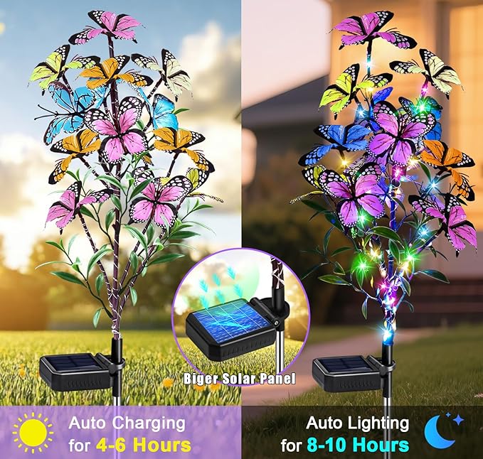 Solar Garden Lights Outdoor Waterproof Garden Decor, 4 Pack Upgraded 240 LED 54 Butterfly Colorful Outdoor Solar Decor for Yard Patio Gifts for Womens Mom (4 Pack Butterfly)