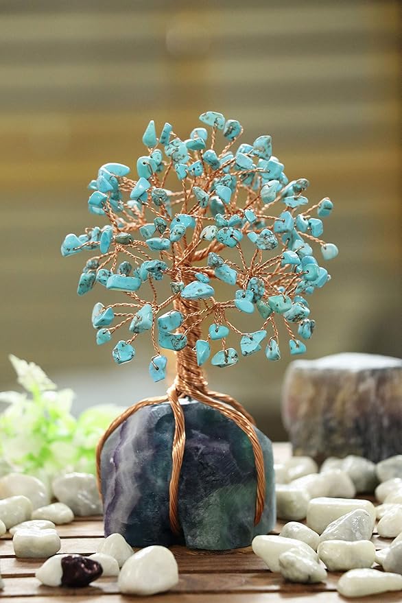 Crocon Howlite Green Turquoise Gemstone Money Tree with Fluorite Rough Wire Wrapped Base | Feng Shui Bonsai | Ornament Figurine | Chakra Balancing | Reiki Crystal Healing | Spiritual | Decor Size 5-6"
