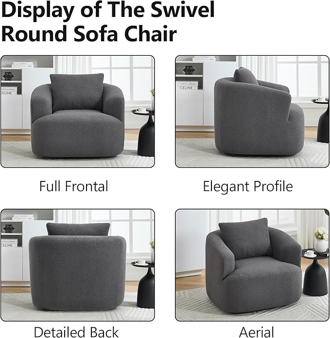 Swivel Accent Chair,360° Rotating Barrel Chair,Teddy Fleece High-Resilience Sponge Single Sofa, Easy Assembly for Living Room, Bedroom, Apartment Dark Grey