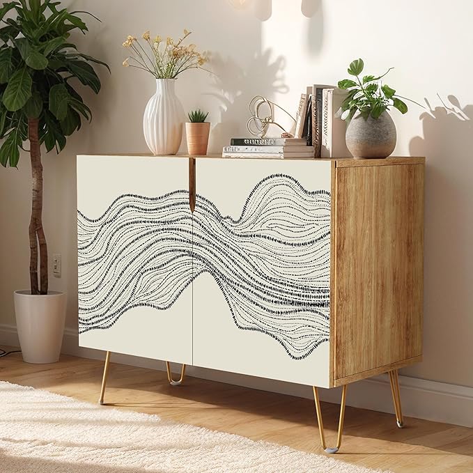 SIGNWIN Sideboard Buffet Cabinet, Kitchen Storage Cabinet with 2 Doors, Duotone Black Geometric Landscape, Cupboard Console Table for Dining Room - 35" L x 18" W x 29" H