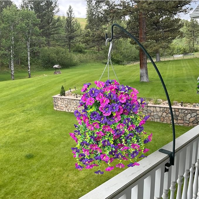 Ivydale 2 PCS Artificial Hanging Flowers Fake Plants Outdoor,Silk Morning Glory Faux Flowers with Eucalyptus Leaf,UV Resistant Realistic Hanging Petunias Plants for Home Garden Decor (Purple+Fuchsia)