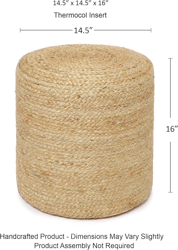 REDEARTH · Cylindrical Pouf Ottoman - Braided Pouffe Accent Sitting Round Footrest for Living Room, Bedroom, Nursery, kidsroom, Patio, Gym; 100% Jute (14.5"X14.5"X16"; Natural)